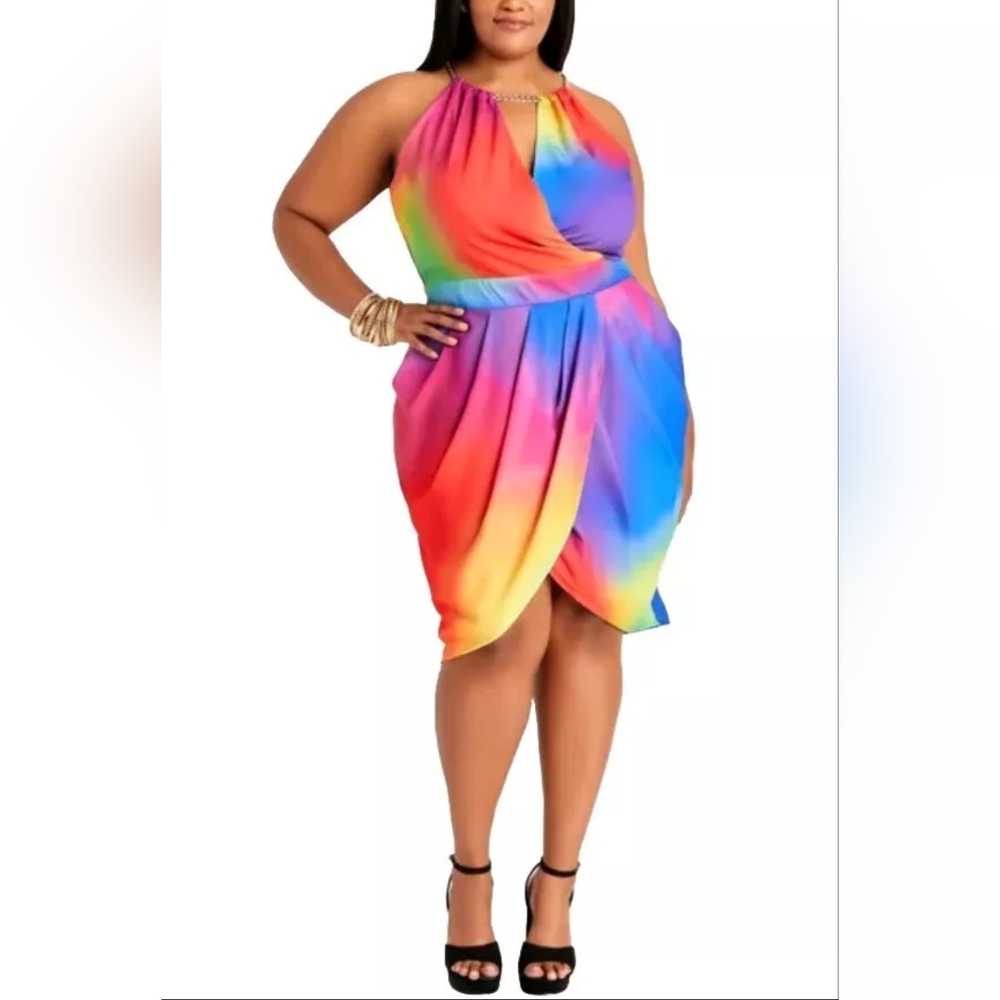 LOVE x DESIGN Rainbow Faux Wrap Dress Plus Size 3X NWT